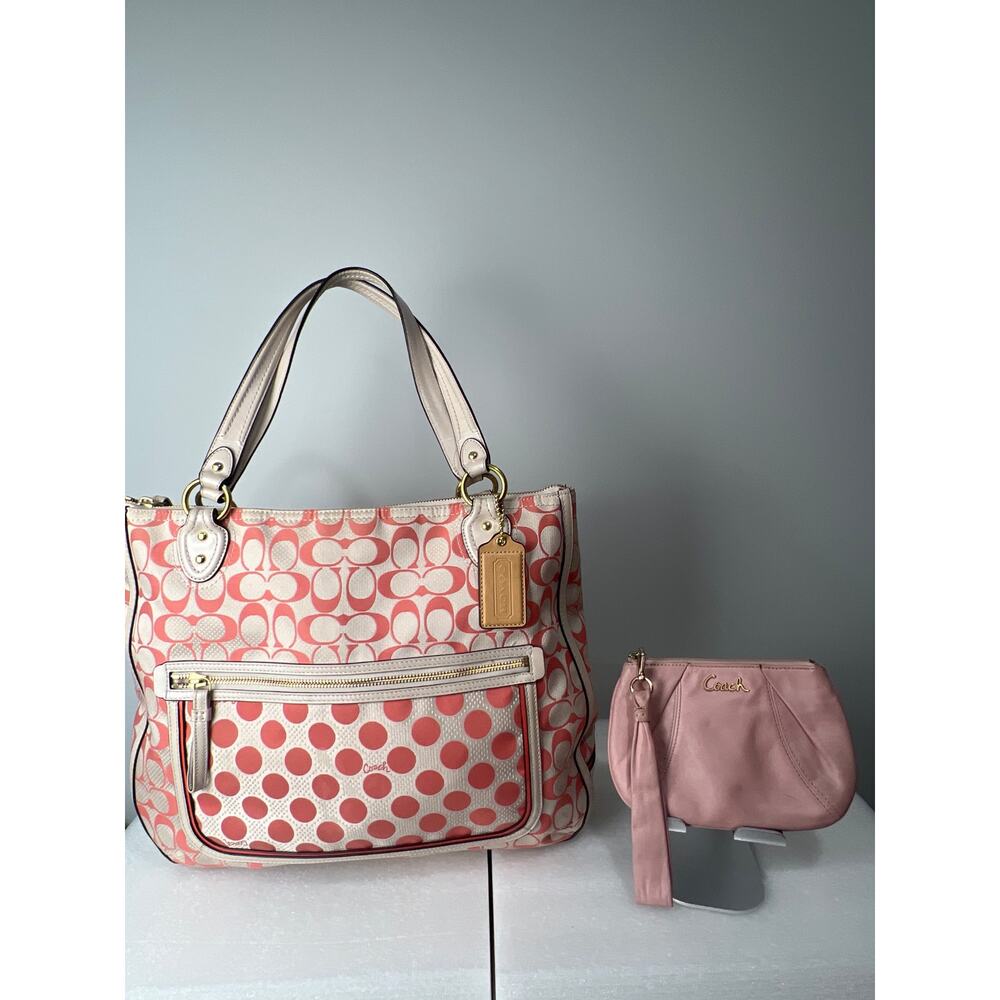 Sale !! Coach Signature Tote 24113 + Pink Wristlet – Authentic 2-Piece Set